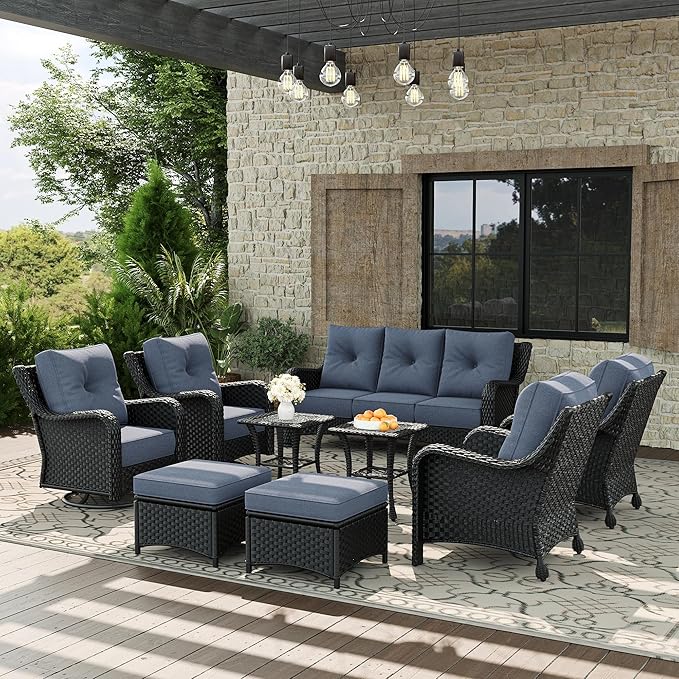 9 Piece Patio Furniture Set, All-Weather Wicker Outdoor Conversation Set with Swivel Rocking Chair and 6 Inch Thick - Photo 1