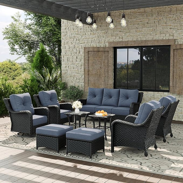9 Piece Patio Furniture Set, All-Weather Wicker Outdoor Conversation Set with Swivel Rocking Chair and 6 Inch Thick - Photo 1