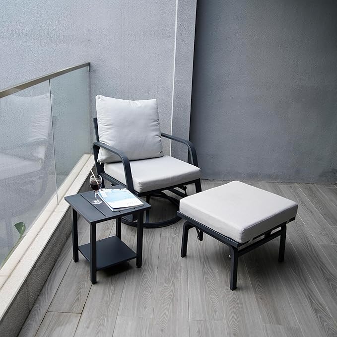Patio Glider Swivel Rocker Sets: 4Pieces Aluminum Alloy Ensemble with 360° Swivel Rocking Glider Chairs, Rust-Resistant Frame Cushions -Perfect for Decoration (1 Glider chair& 1 Ottoman+1Table)