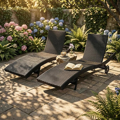 OVENTA Outdoor Wicker Patio Chaise Lounge Chair with Wheels Set of 2, Black Rattan Pool Furniture Lounger for Outside Poolside Lounges, Jumbo Co Chaise Lounge Chairs, Wicker Patio Pool Furniture