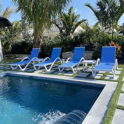 PURPLE LEAF Patio Chaise Lounge Chair Set of 3 Outside Aluminum Plastic Stackable Tanning Chairs with Armrests and Side Table for Pool Sunbathing Beach Deck Outdoor Lounger, Royal Blue