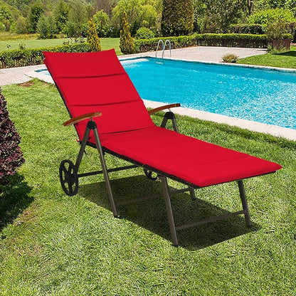 Tangkula Foldable Lounge Chair Outdoor, Wicker Chaise Lounge with Aluminum Frame, 7-Position Adjustable Reclining Pool Lounge Chairs with Wheels, Rattan Lounger with Cushion for Outside Patio Balcony