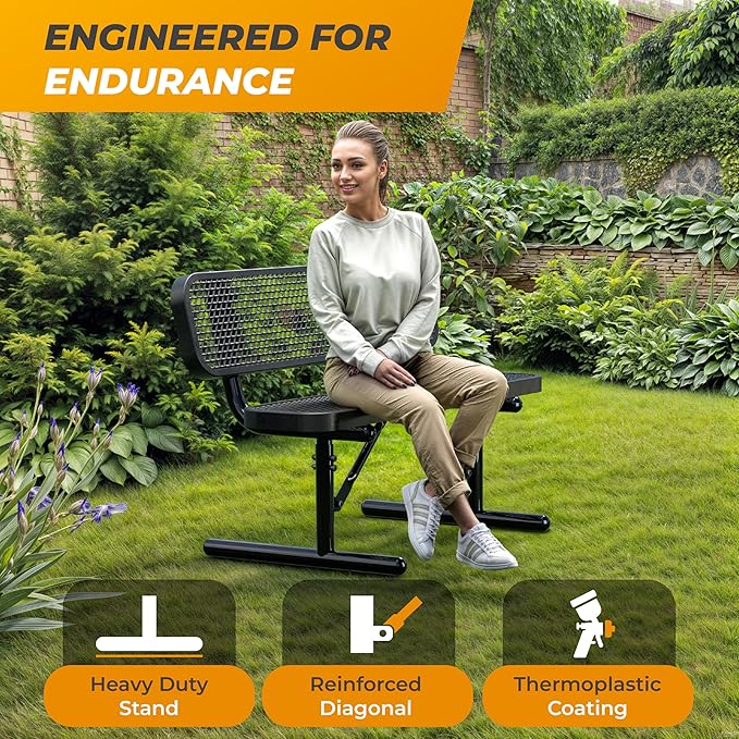 Heavy-Duty Outdoor Metal Bench, Thermoplastic-Coated, Portable, Weatherproof, Commercial-Grade for Parks, Gardens, Patios, Stores & More (4 Ft - Portable with Back, Black)