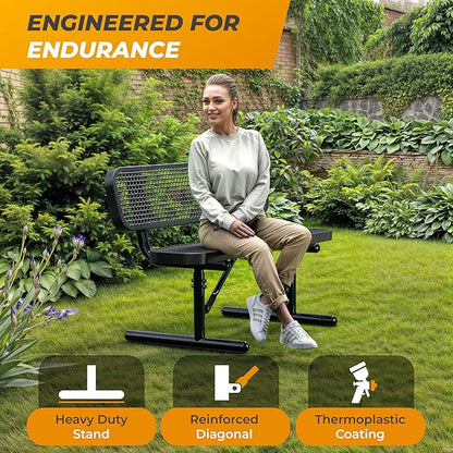 Heavy-Duty Outdoor Metal Bench, Thermoplastic-Coated, Portable, Weatherproof, Commercial-Grade for Parks, Gardens, Patios, Stores & More (4 Ft - Portable with Back, Black)
