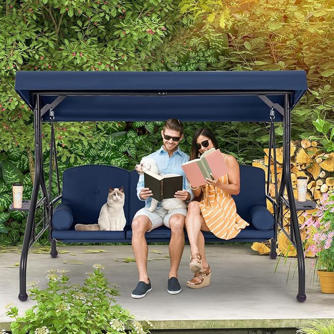 HOMREST 3 Seat Outdoor Porch Swing with Adjustable Canopy, Convertible Patio Swing Bed with Stand - Photo 9