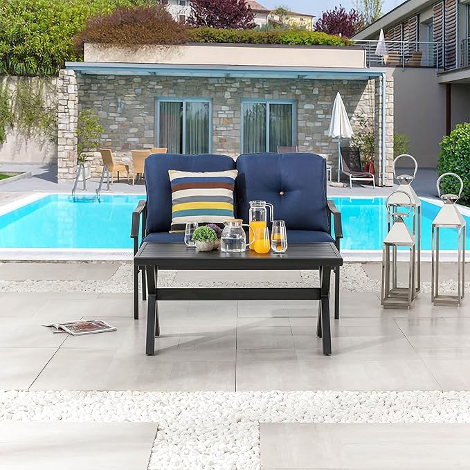 LOKATSE HOME Outdoor Loveseat and Coffee Table Metal Conversation Set Patio Furniture with Cushions for Poolside Backyard Lawn