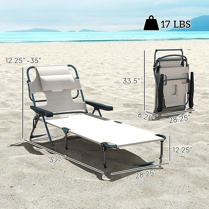 Outsunny Tanning Chaise Lounge Chair, 4-Position Beach Chair with Face & Arm Holes, Pillow headrest - Photo 3