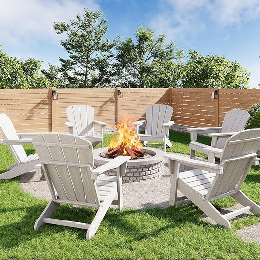 GarveeLife Modern HDPE Plastic Adirondack Chair Set of 6 - Oversize 380 LB Poly Lumber Weather Resistant Firepit Chair - Outdoor Patio Chairs with Wooden Textured for Deck, Pool, Porch - White