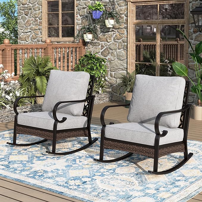 Outdoor Patio Rocking Sofa Chairs Set of 2 Steel Frame Porch Furniture with Deep Seating and 5.75" Cushions for Lawn - Photo 1