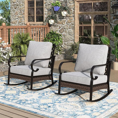 Outdoor Patio Rocking Sofa Chairs Set of 2 Steel Frame Porch Furniture with Deep Seating and 5.75" Cushions for Lawn Backyard Deck, Light Grey