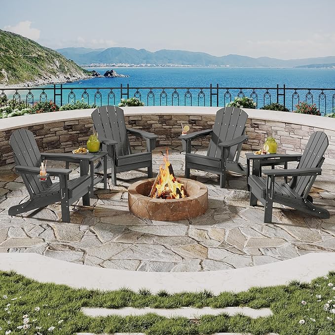 Garvee Folding Adirondack Chair Set of 6, HDPE Outdoor Patio Chair with Cup Holder, All Weather Resistent Wooden Textured for patios, Decks, Gardens, fire Pit, Grey