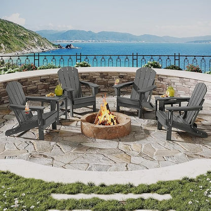 Garvee Folding Adirondack Chair Set of 6, HDPE Outdoor Patio Chair with Cup Holder, All Weather Resistent Wooden Textured for patios, Decks, Gardens, fire Pit, Grey