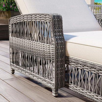 Merax Outdoor Chair Recliner Chair, Wicker Patio Long Reclining Chaise with Adjustable Backrest, Armrests and Removable Cushions for Balcony, Porch, Lawn, Beige Cushion