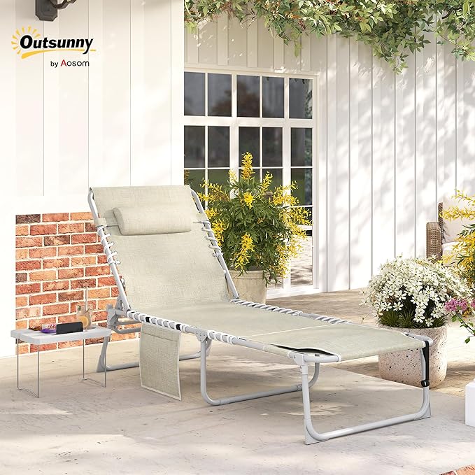 Outsunny Tanning Chair with Face Hole, Side Table, 5-Position Reclining Folding Chaise Lounge Chair Outdoor Lounger Recliner, Carry Straps for Beach Pool Camp, Breathable Mesh, Beige
