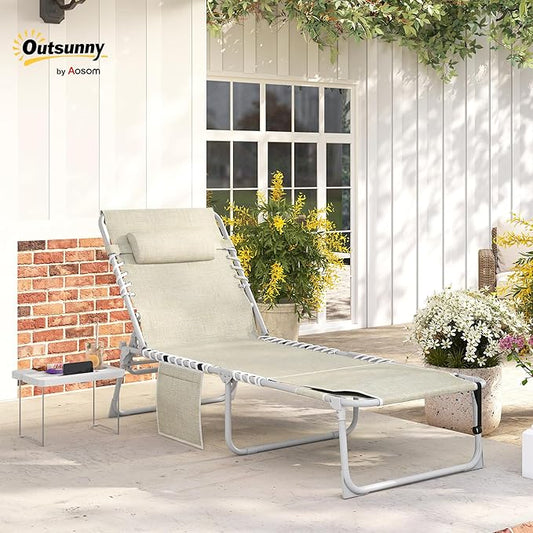 Outsunny Tanning Chair with Face Hole, Side Table, 5-Position Reclining Folding Chaise Lounge Chair Outdoor Lounger Recliner, Carry Straps for Beach Pool Camp, Breathable Mesh, Beige