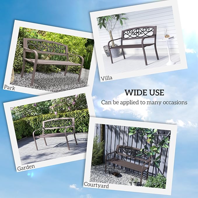 Outsunny 50" Outdoor Bench, Metal Garden Bench with Floral Pattern Backrest, Porch Bench with Slatted Seat for Park, Yard, Lawn, Brown
