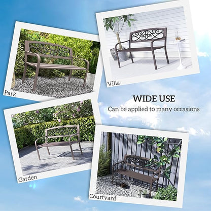 Outsunny 50" Outdoor Bench, Metal Garden Bench with Floral Pattern Backrest, Porch Bench with Slatted Seat for Park, Yard, Lawn, Brown