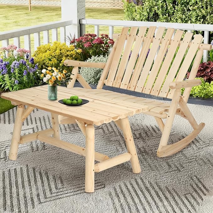 Patio Wooden Rocking Bench, Outdoor Conversation Sets with 2-Seater Adirondack Porch Rocker Loveseat and Coffee Table, Patio Rustic Log Rocker Bench for Deck, Backyard, Garden, Natural