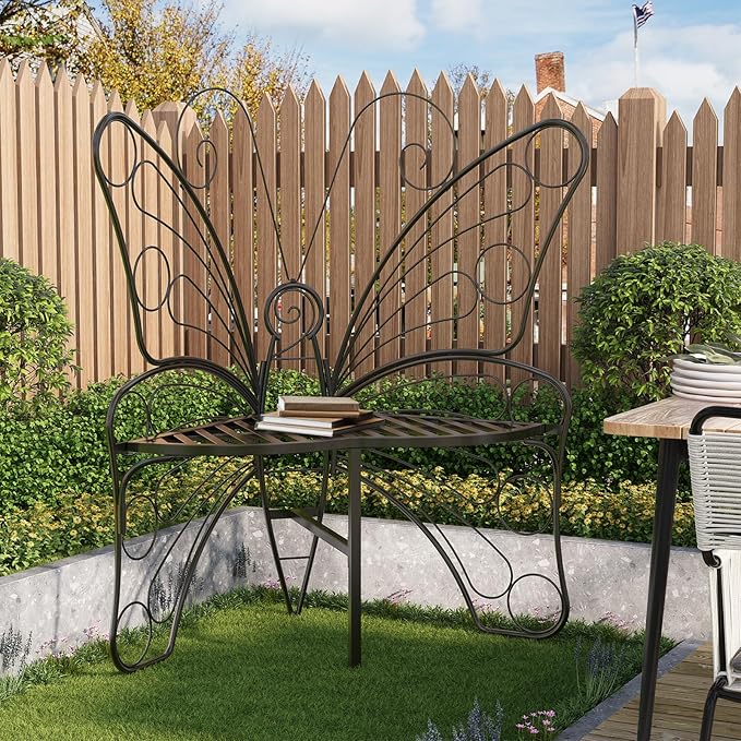 HavenlyYouth Butterfly Shaped Outdoor Bench, Black Garden Bench for Outdoor with Sturdy Stable Metal Frame, Butterfly Chair Butterfly Bench Outdoor for Garden, Yard, Balcony, Lawn (Black)
