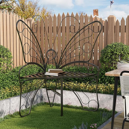 HavenlyYouth Butterfly Shaped Outdoor Bench, Black Garden Bench for Outdoor with Sturdy Stable Metal Frame, Butterfly Chair Butterfly Bench Outdoor for Garden, Yard, Balcony, Lawn (Black)