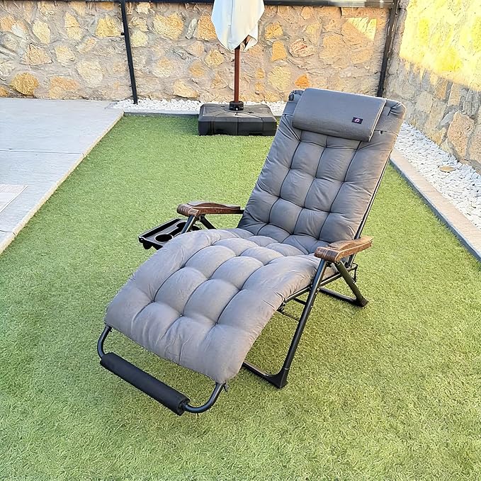 PURPLE LEAF Extra Wide Outdoor Reclining Chair Patio Zero Gravity Chaise Lounge Folding Chair with Removable Cushion Adjustable Headrest for Lawn Camping Beach Pool Grey