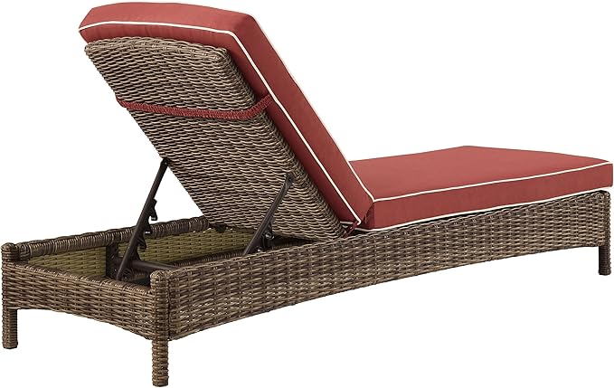 Crosley Furniture Bradenton Reclining Wicker Outdoor Chaise Lounge Chair for Patio, Deck, Backyard, Poolside, Brown with Sangria Cushions