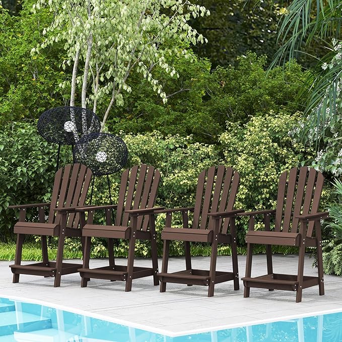 Tangkula Outdoor Bar Stool, HDPE Tall Adirondack Chair with Armrest & Footrest, Weather Resistant 47 Inch Counter Height Barstool Lifeguard Chair for Deck Patio Garden, Balcony Chairs (4, Brown)