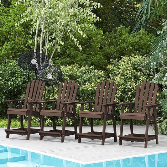 Tangkula Outdoor Bar Stool, HDPE Tall Adirondack Chair with Armrest & Footrest, Weather Resistant 47 Inch Counter Height Barstool Lifeguard Chair for Deck Patio Garden, Balcony Chairs (4, Brown)