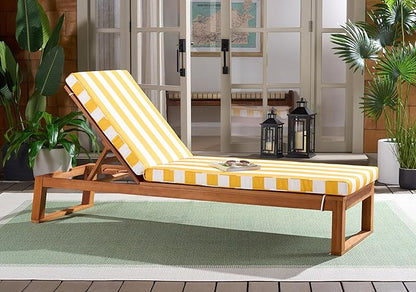 SAFAVIEH Outdoor Patio Furniture Collection - Sophie Natural Brown Solid Wood Chaise Lounge Chair, Adjustable Reclining, Yellow Stripe Cushion (PAT7101Y)