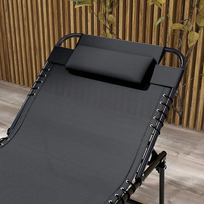 Outsunny 2 Piece Folding Chaise Lounge with 5-Level Reclining Back, Tanning Chair with Face Hole, Outdoor Lounge Chair with Side Pocket & Headrest for Beach, Yard, Patio, Black