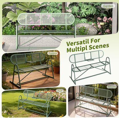 Outdoor Bench, Metal Mesh Garden Bench with Foldable Middle Table, 55" Weather Resistant Patio Park for 2-3 People, Decorative Porch Chair for Yard, Deck, and Lawn, Sage Green