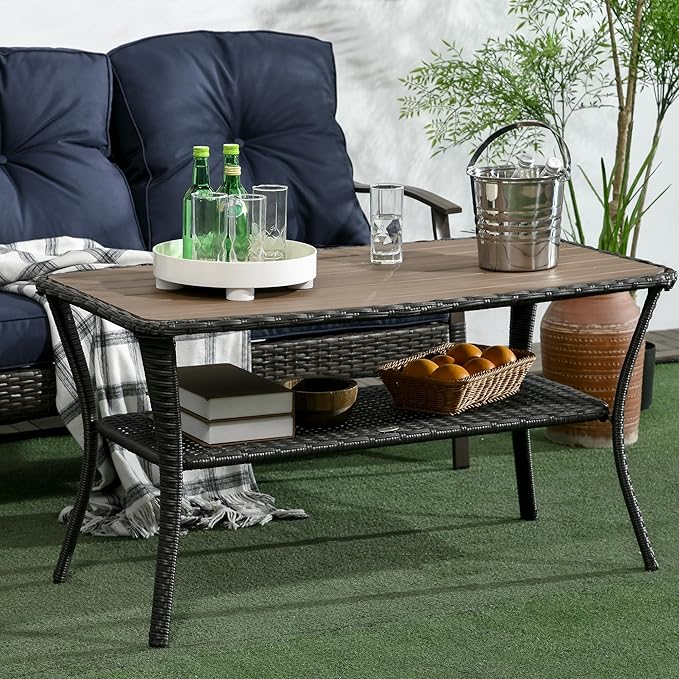 Outsunny PE Rattan Outdoor Coffee Table with Storage, 2-Layer Wicker Side Table, Patio Storage Table with Wood-Plastic Composite Top for Garden, Porch, Backyard, Mixed Brown
