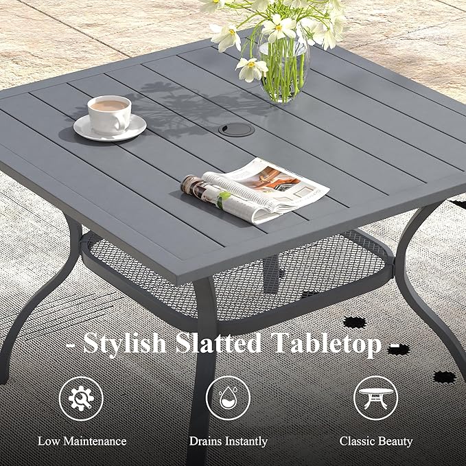 Outdoor Dining Table with Adjustable Umbrella Hole, 37.8" All-Weather Square Patio Dining Table for 4, Metal Patio Table for Garden Lawn Porch Deck Yard, Dark Grey