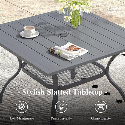 Outdoor Dining Table with Adjustable Umbrella Hole, 37.8" All-Weather Square Patio Dining Table for 4, Metal Patio Table for Garden Lawn Porch Deck Yard, Dark Grey