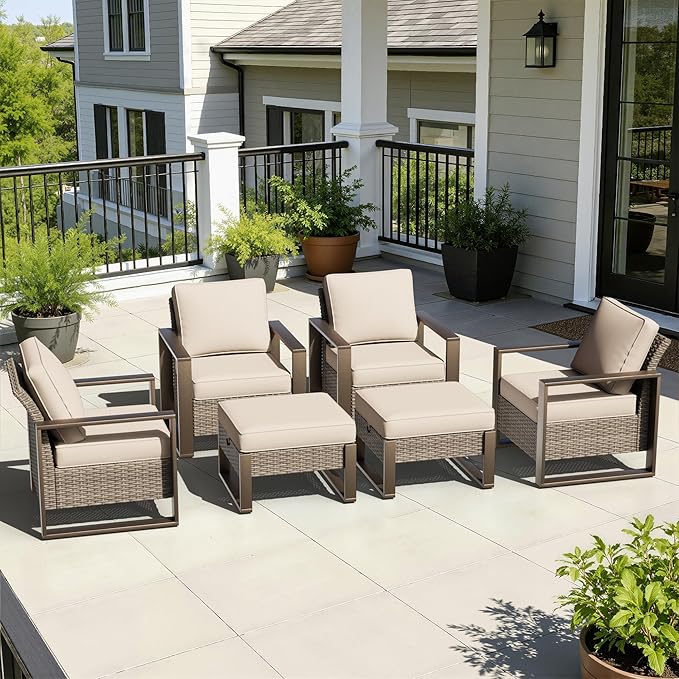 6 Pieces Metal Wicker Patio Furniture Set - Four Armchairs and Two Ottomans - Photo 8