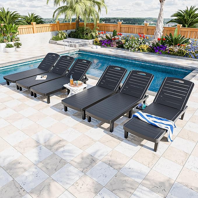Outdoor Chaise Lounge Set of 6, 5-Position Adjustable Sun Lounge w/Pull-Out Tray, Waterproof PP Lounge Chairs for Outside, Lounge Chairs for Poolside, Patio, Beach, Yard in All Weather,Black