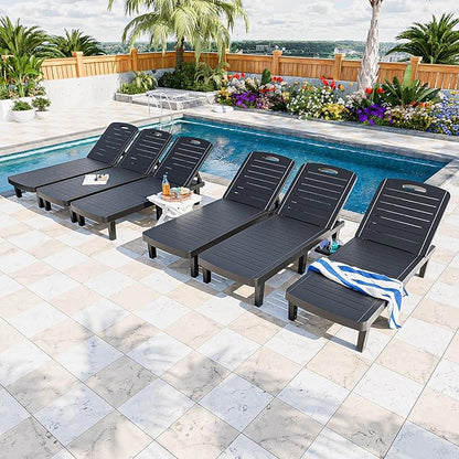 Outdoor Chaise Lounge Set of 6, 5-Position Adjustable Sun Lounge w/Pull-Out Tray, Waterproof PP Lounge Chairs for Outside, Lounge Chairs for Poolside, Patio, Beach, Yard in All Weather,Black