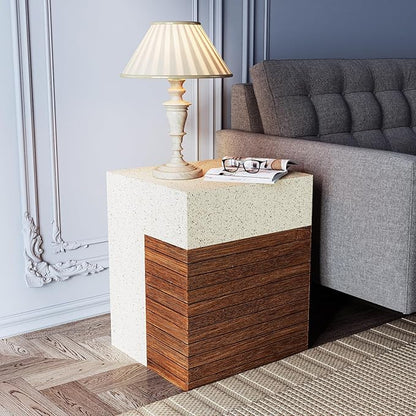 SUNBURY Outdoor Concrete Side Table, 15" W Modern Outdside End Table for Patio,Multicolored Stone Patchwork Indoor Accent Table, Square Cement Side Table Garden Stool in Woodgrain for Lawn, Backyard