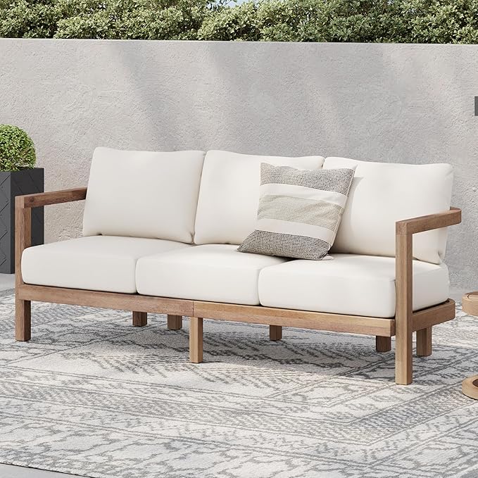Merax 3 Seater Outdoor Acacia Wood Patio Sofa with Cushions for Porch, Garden, Backyard, Balcony, Brown wash - Photo 1