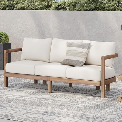 Christopher Knight Home Havets 74.75"W Outdoor 3 Seater Sofa, 6" Thick Cushion Couch, Acacia Wood Bench Sofa, Slats Panel Open Back, Spacious Seating Bench Couch for Backyard Garden Porch, Brown+Beige