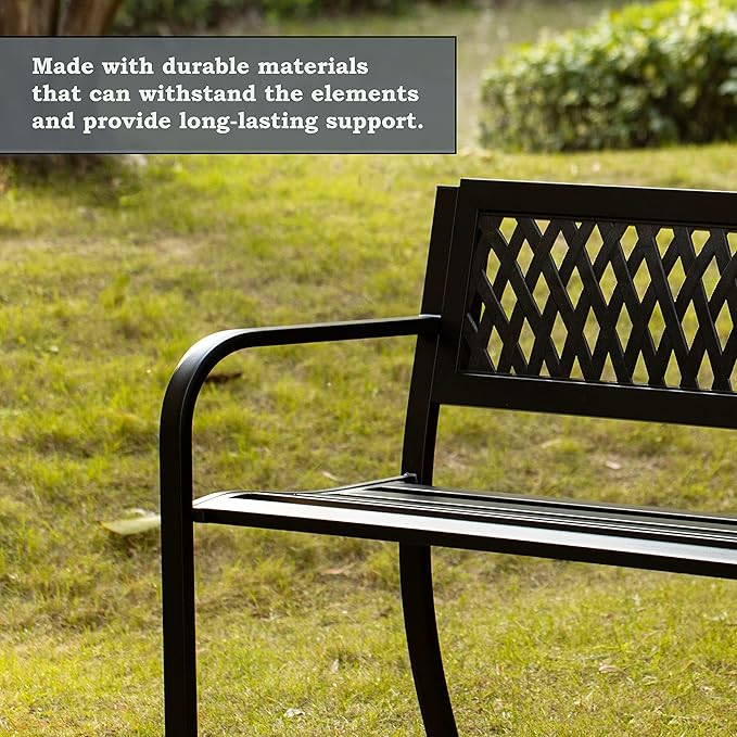 Gardenised Outdoor Steel 47" Park Bench for Yard, Patio, Garden and Deck, Black Weather Resistant Porch Bench, Park Seating