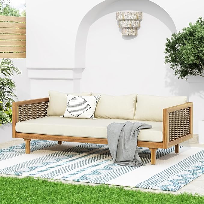 Merax Outdoor Acacia Wood Conversation Set - Patio 3-Seat Loveseat Sofa w/Coushion and Round Coffee Table for Backyard - Photo 5
