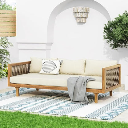 Merax Outdoor Acacia Wood Conversation Set - Patio 3-Seat Loveseat Sofa w/Coushion and Round Coffee Table for Backyard, Lawn, Balcony, Beige +Teak
