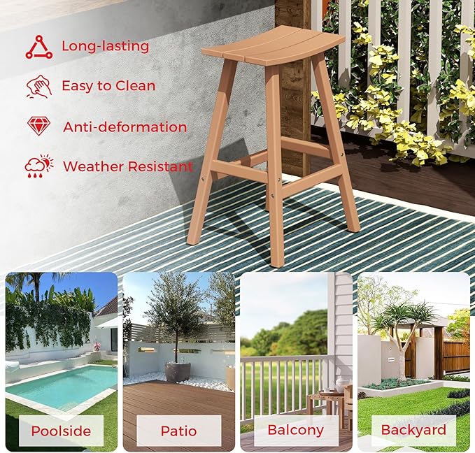 Costaelm All-Weather Bar Stools Set of 3, 29" Height Outdoor Bar Stools, Adirondack Poly Patio Bar Stool for Patio, Deck, Kitchen Counter and Garden, Teak