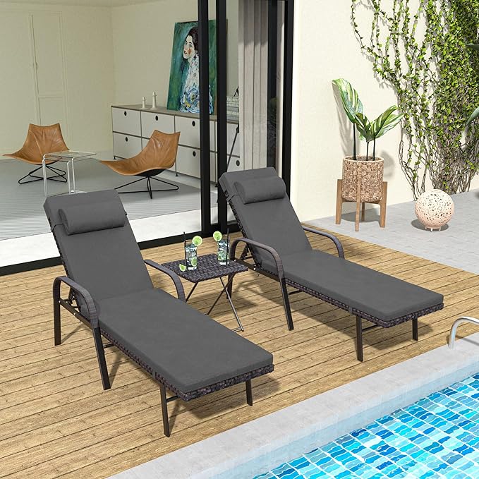 Patio Chaise Lounge Set 3 Pieces Pool Lounge Chairs,Cushioned Outdoor Folding Lounge Chair w/Arm and Rattan Adjustable Backrest for Poolside Porch,Folding Table Included,Grey