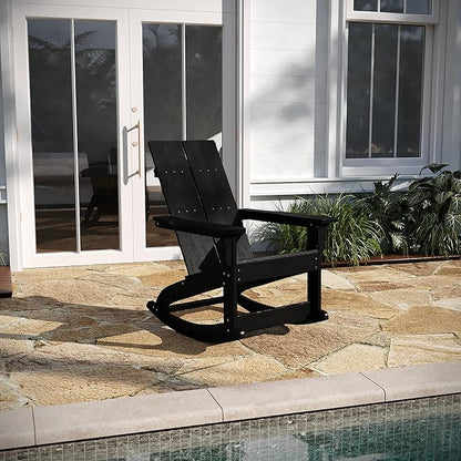Taylor & Logan Finn Modern All-Weather 2-Slat Poly Resin Wood Rocking Adirondack Chair with Rust Resistant Stainless Steel Hardware in Black