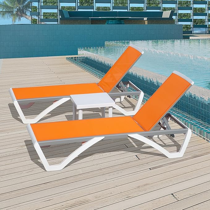 Domi Outdoor Lounge Chair Set of 3, Aluminum Patio Chaise Lounge with 5 Position Adjustable Backrest and Wheels, All Weather Reclining Chair for Patio, Yard, Balcony, Poolside (Orange)
