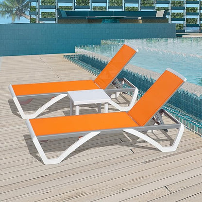 Domi Outdoor Lounge Chair Set of 3, Aluminum Patio Chaise Lounge with 5 Position Adjustable Backrest and Wheels, All Weather Reclining Chair for Patio, Yard, Balcony, Poolside (Orange)