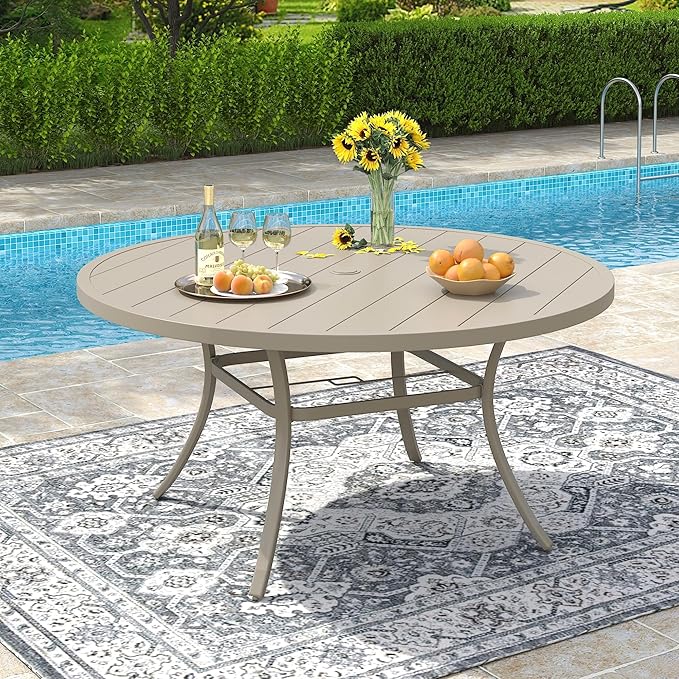 VICLLAX 50" Outdoor Round Patio Dining Table for 4-6, All Weather Metal Dining Table with Umbrella Hole for Deck Lawn Garden Backyard, Sandshell