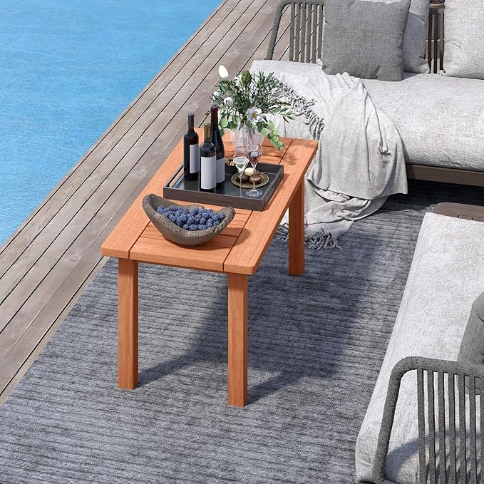 HAPPYGRILL Outdoor Wooden Coffee Table Patio Solid Wood Center Table with Slatted Tabletop - Photo 4
